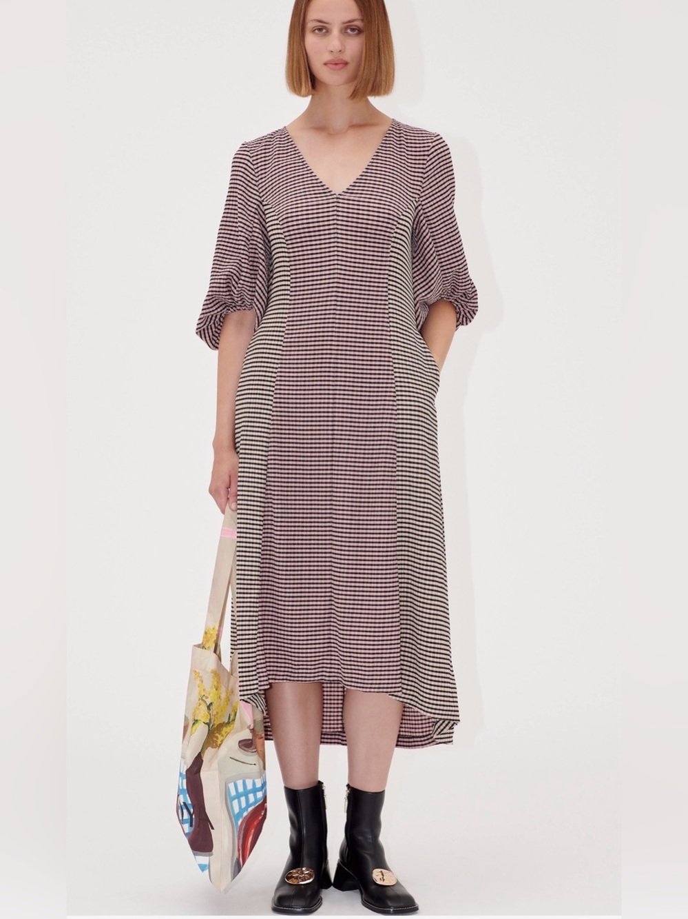 Stine Goya Patchwork Pink Gingham V-Neck Midi Maxi Dress SGASG-SS25-D018-2247